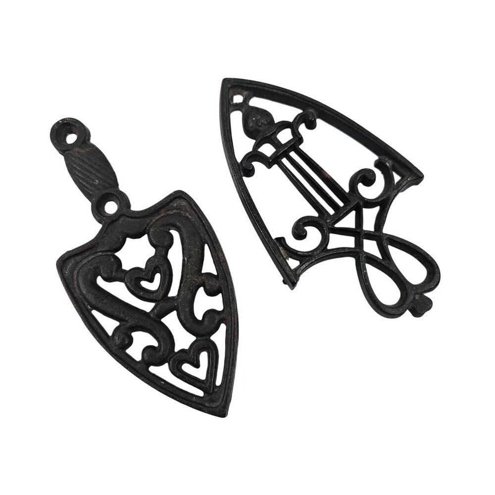 Cast Iron Trivets Hearts Bow Black Footed Vintage Rustic Decor Ornate